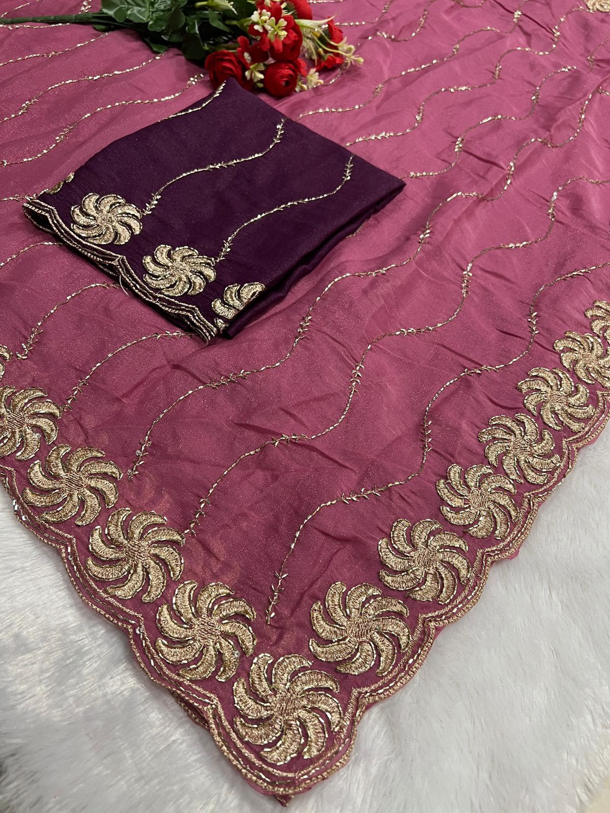 Ring Star Georgette Saree with Sequence Bits Work & Contrast Running Blouse