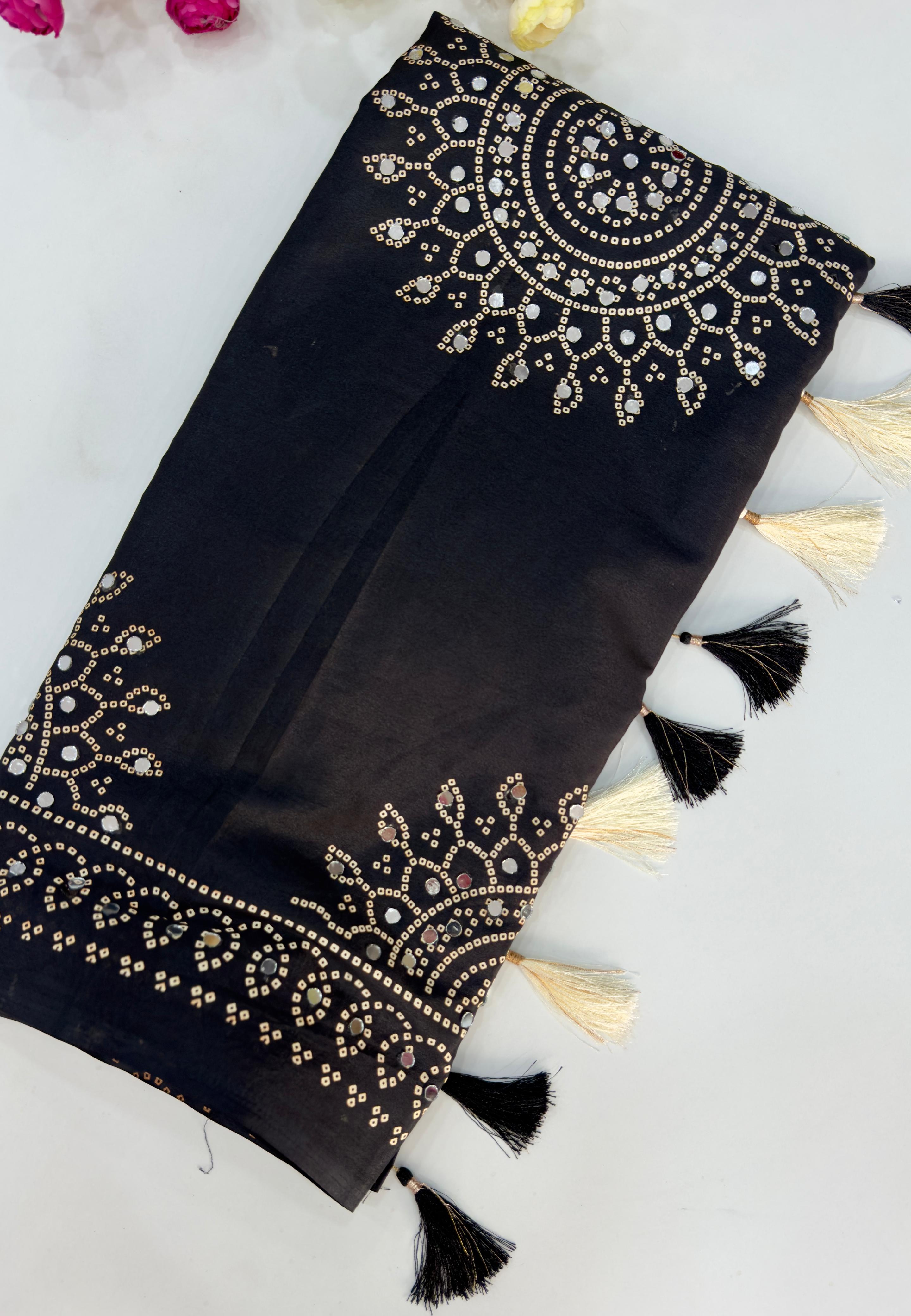 Bandhani Love Premium Moss Satin Ajrakh Saree with Zari & Mirror Work and Tassel Border