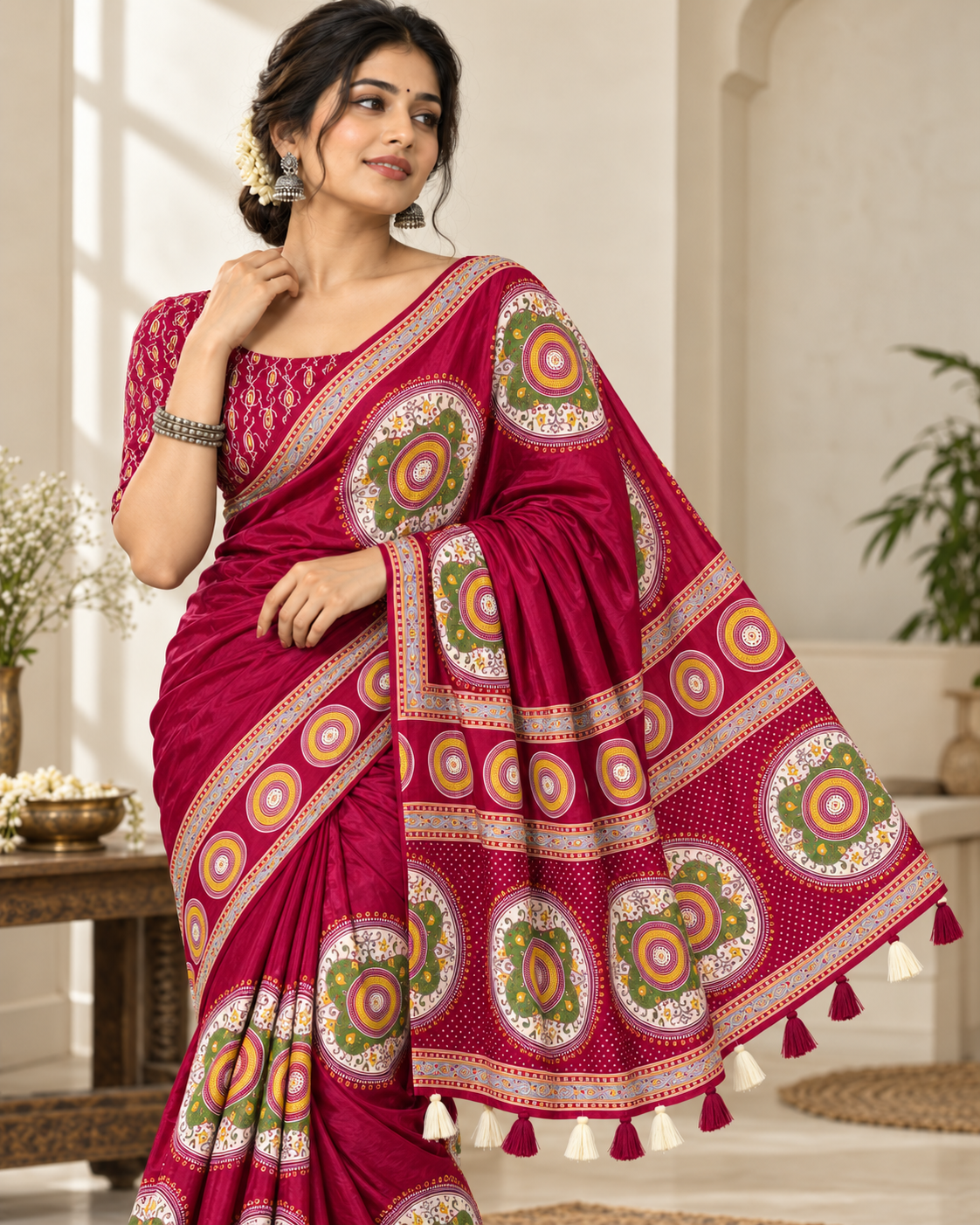 Premium Ajrakh Designer Crepe Silk Saree with Circular Motif Print & Tassel Border