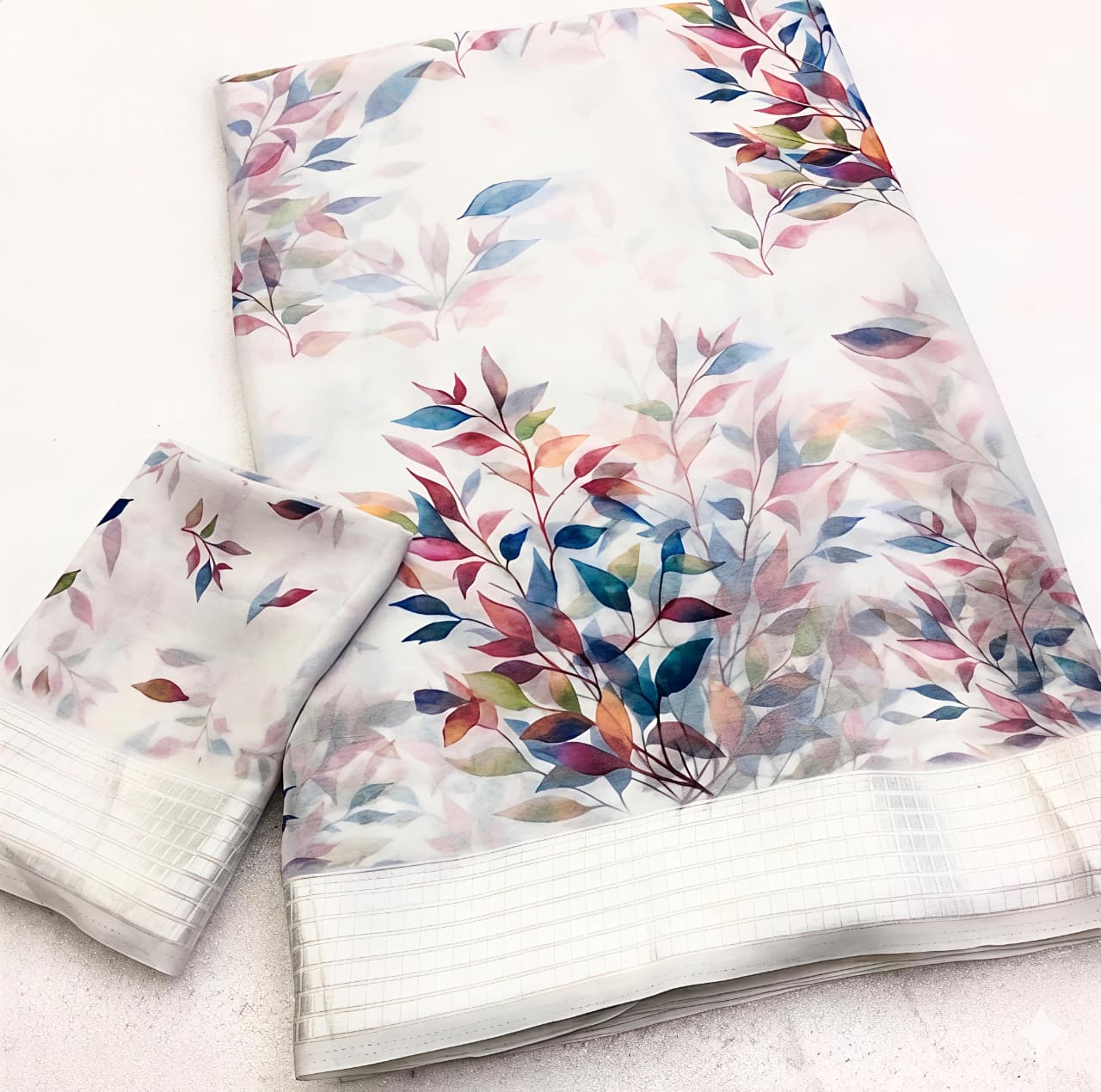 White House Premium Georgette Chiffon Floral Digital Print Saree with Weaving Border & Printed Blouse