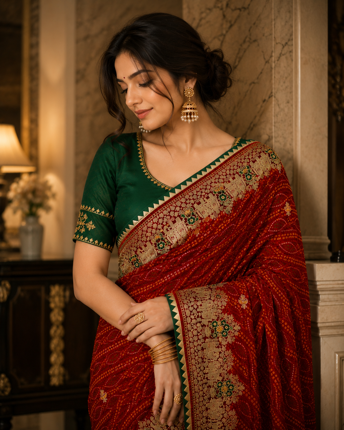 Women's Premium Bandhani Saree with Elephant & Peacock Embroidery and Banglori Green Blouse