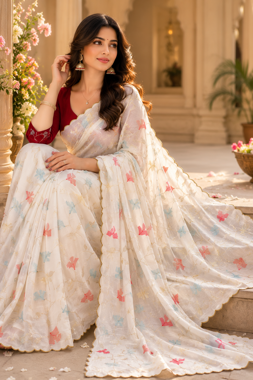 Women's Premium Vichitra Silk Embroidered Saree with Contrast Cotton Silk Blouse | Festive & Wedding Wear