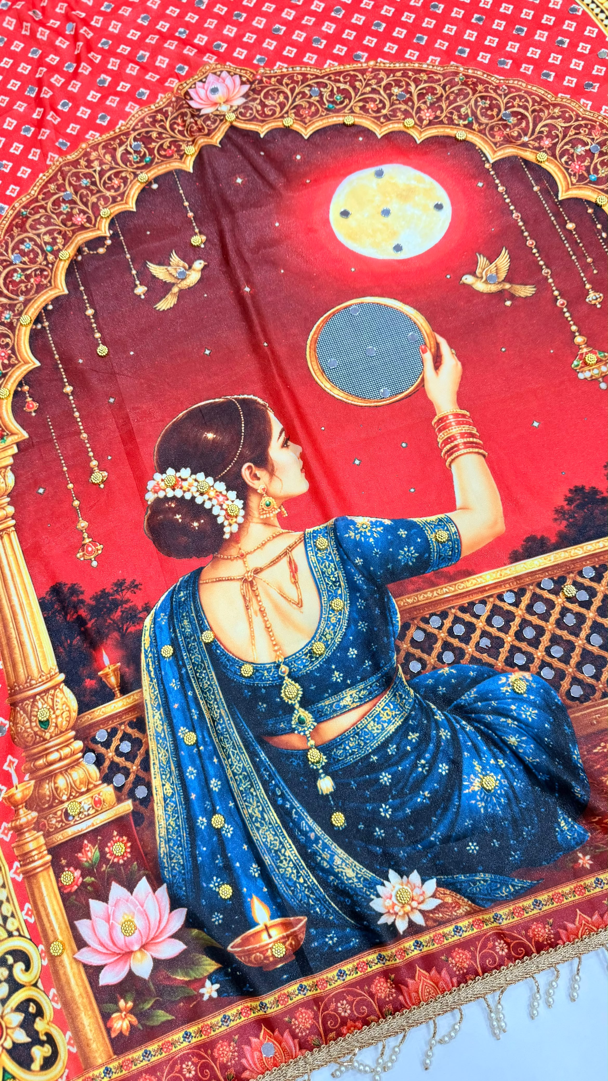 Karva Chauth Special Heavy Shimmer Silk Saree with 2,000 Mirror Work & Designer Pallu with Matching Blouse