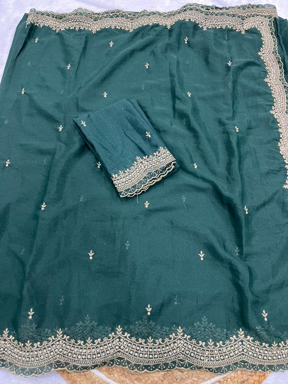 Premium Star Georgette Embroidery Zari & Moti Work Saree for Women | Party Wear Designer Saree with Matching Blouse