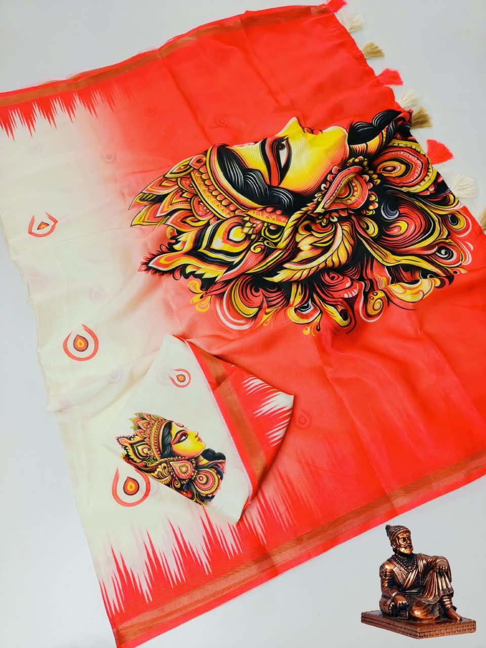 Durga Pooja Cotton Saree with Gold Pattu Border, Pallu & Matching Blouse