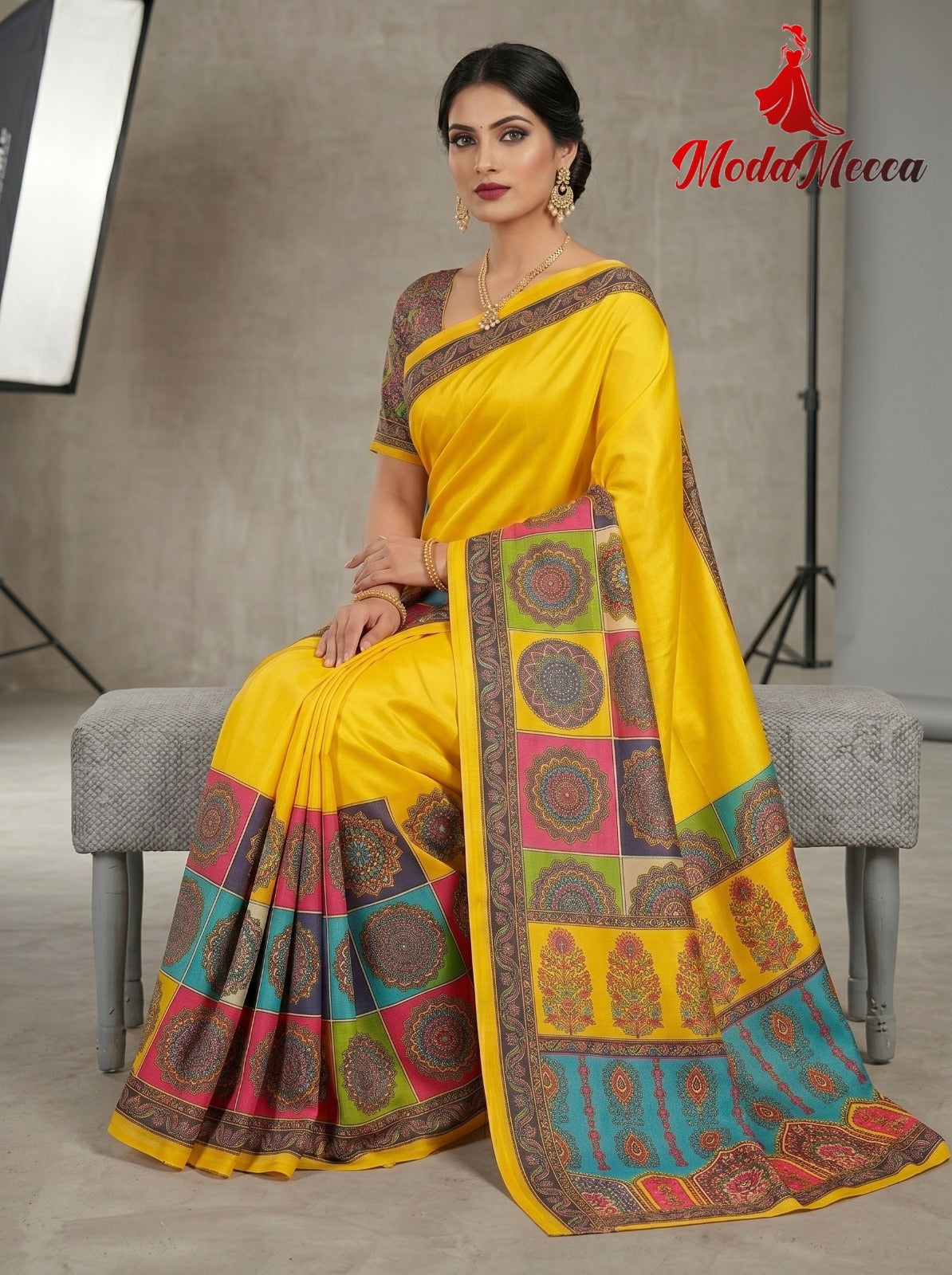 Women's Sunshine Yellow Designer Saree with Mandala Digital Print & Heritage Pallu | Premium Festive Wear Saree