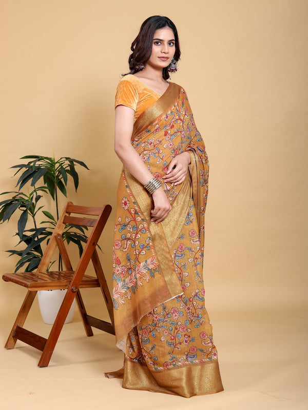 Golden Bloom Heavy Linen Saree with Floral Print & Jacquard Border