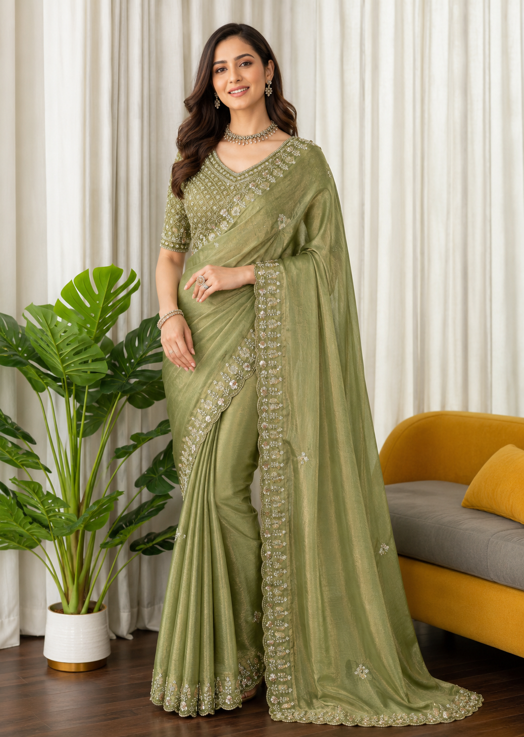 Women's Premium Shimmer Silk Embroidered Saree with Designer Blouse | Party & Festive Wear