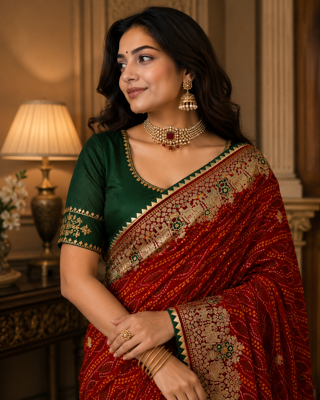 Women's Premium Bandhani Saree with Elephant & Peacock Embroidery and Banglori Green Blouse