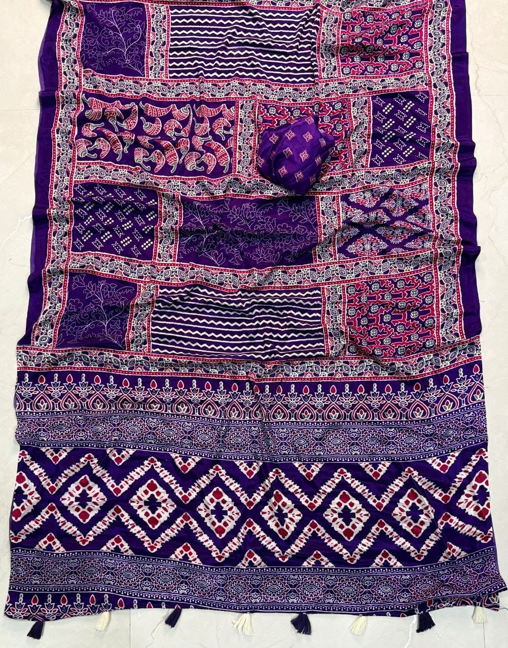 Premium Ajrakh Printed Designer Saree with Traditional Ethnic Border