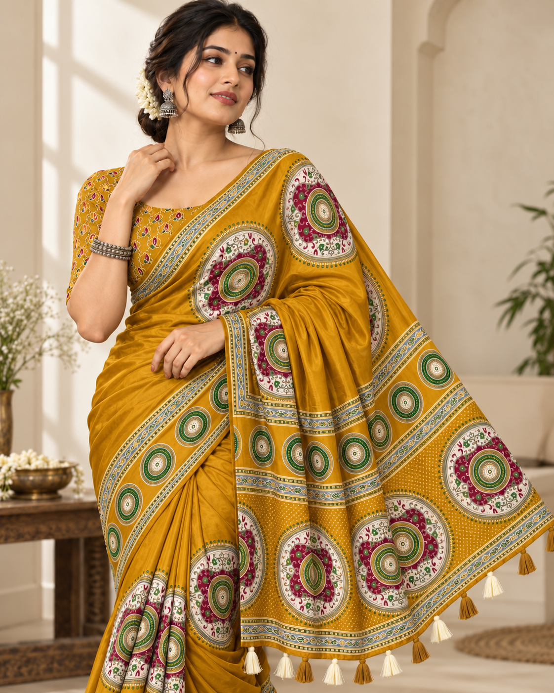 Premium Ajrakh Designer Crepe Silk Saree with Circular Motif Print & Tassel Border