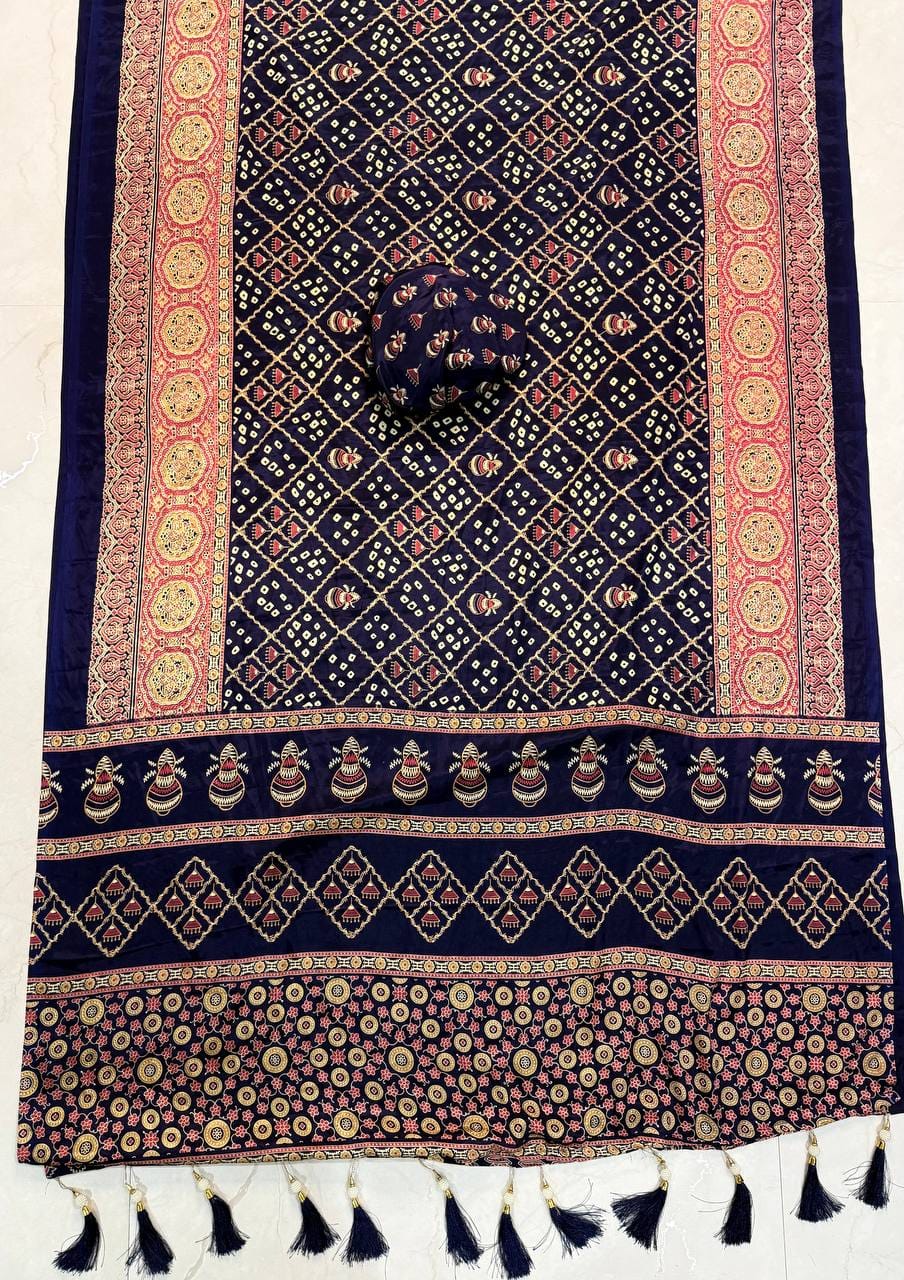 Premium Ajrakh Designer Crepe Silk Saree with Multi-Pattern Border & Tassel Work