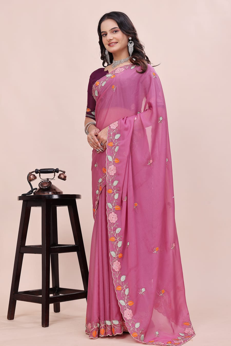 Rose Petal Embroidered Star Georgette Saree with Beads Work Border