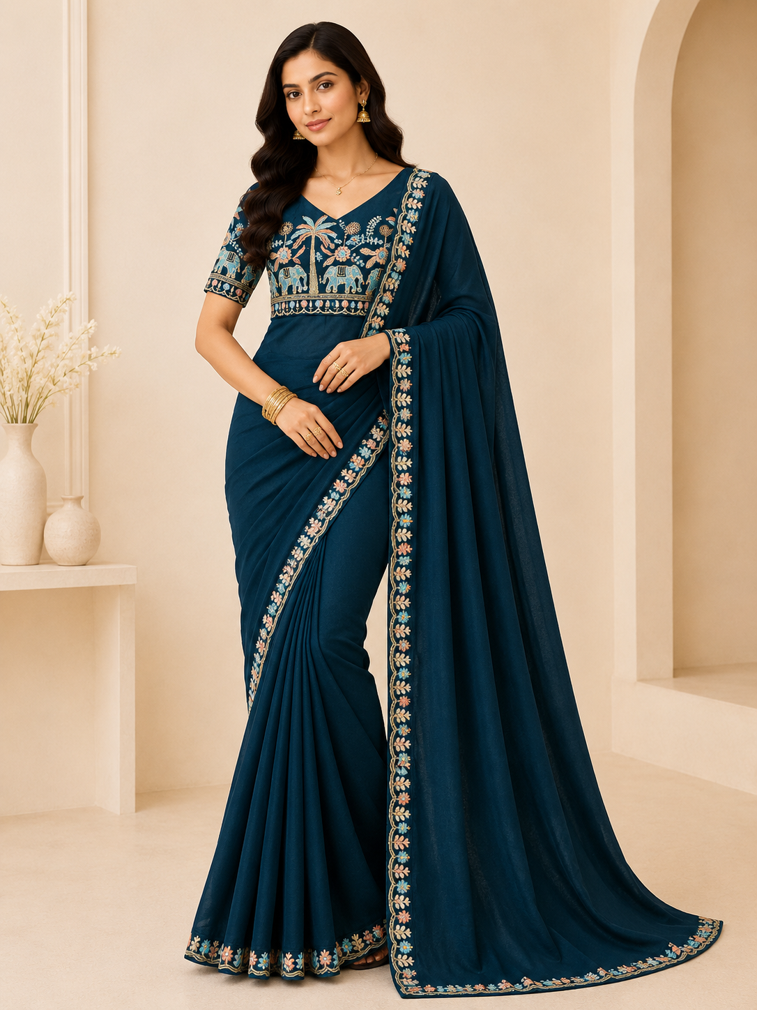 Royal Elephant Art Embroidered Saree with Designer Blouse