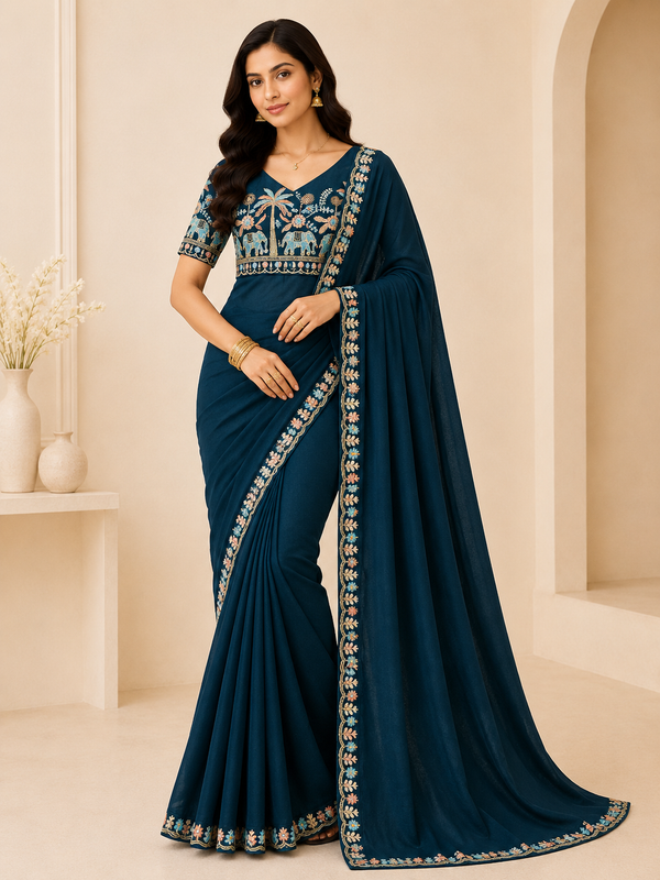 Royal Elephant Art Embroidered Saree with Designer Blouse