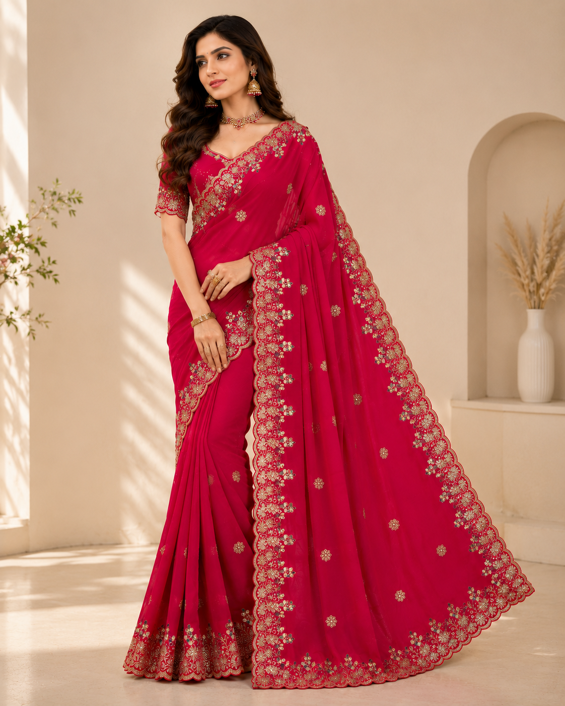 Rajwada Mor Embroidery Fendy Satin Saree with Heavy Sequence Border & Designer Blouse
