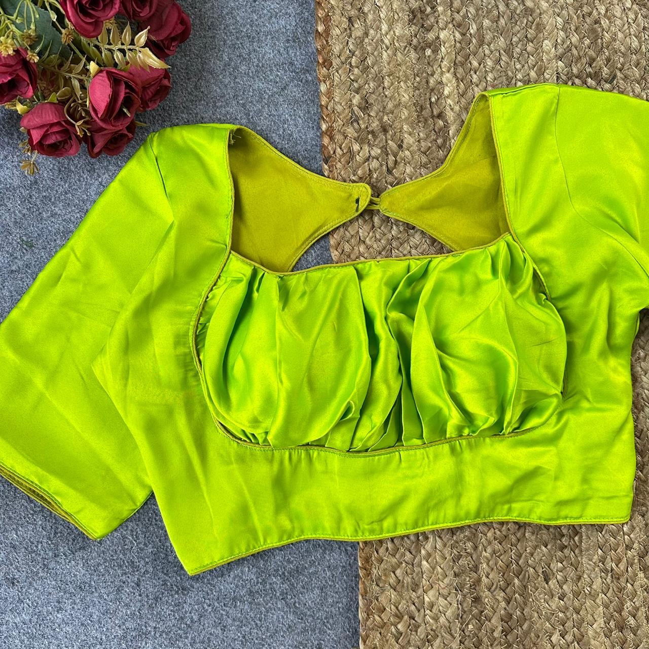 Pure Malai Satin Gathered Designer Blouse – Padded with Elastic Back | Free Size 38–42