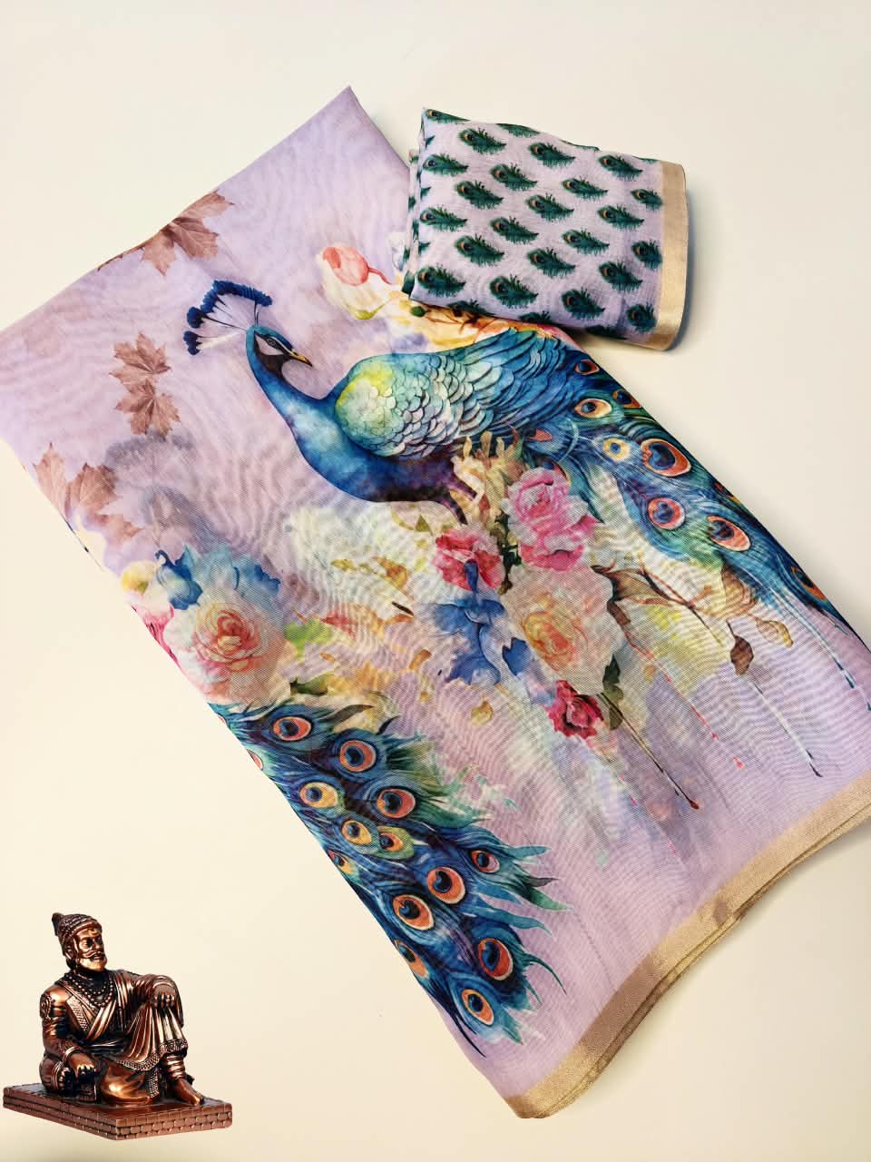 Premium Slub Cotton Saree with Peacock Digital Print, Golden Zari Border & Matching Blouse Piece