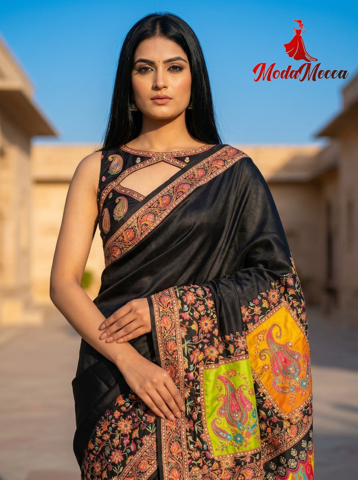 Women's Premium Black Designer Saree with Paisley Digital Print & Floral Border | Festive Party Wear Saree