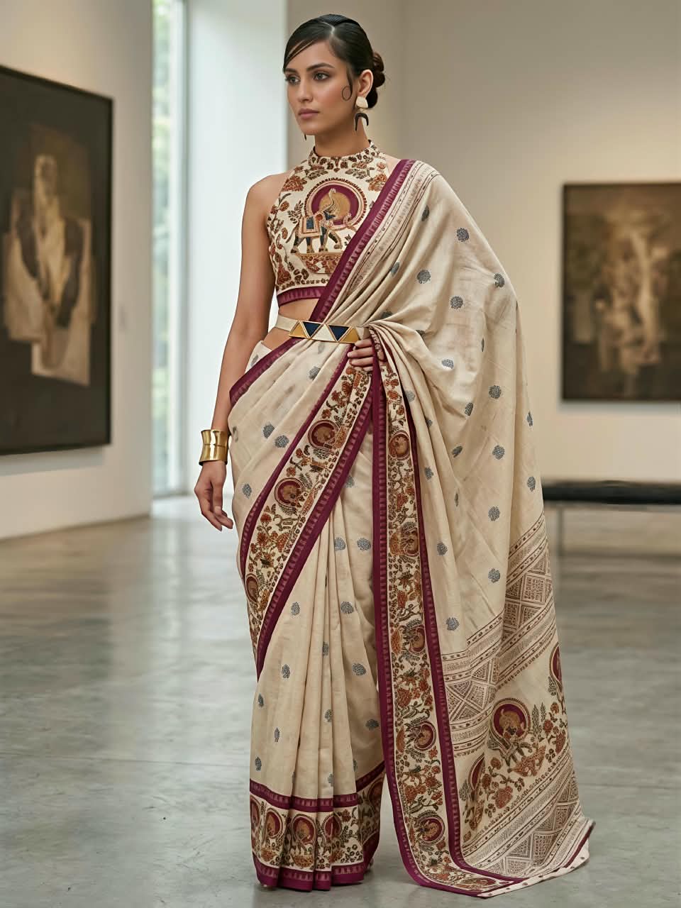 Premium Marsh Mellow Saree with Gajraj Print & Double Temple Pattu Border