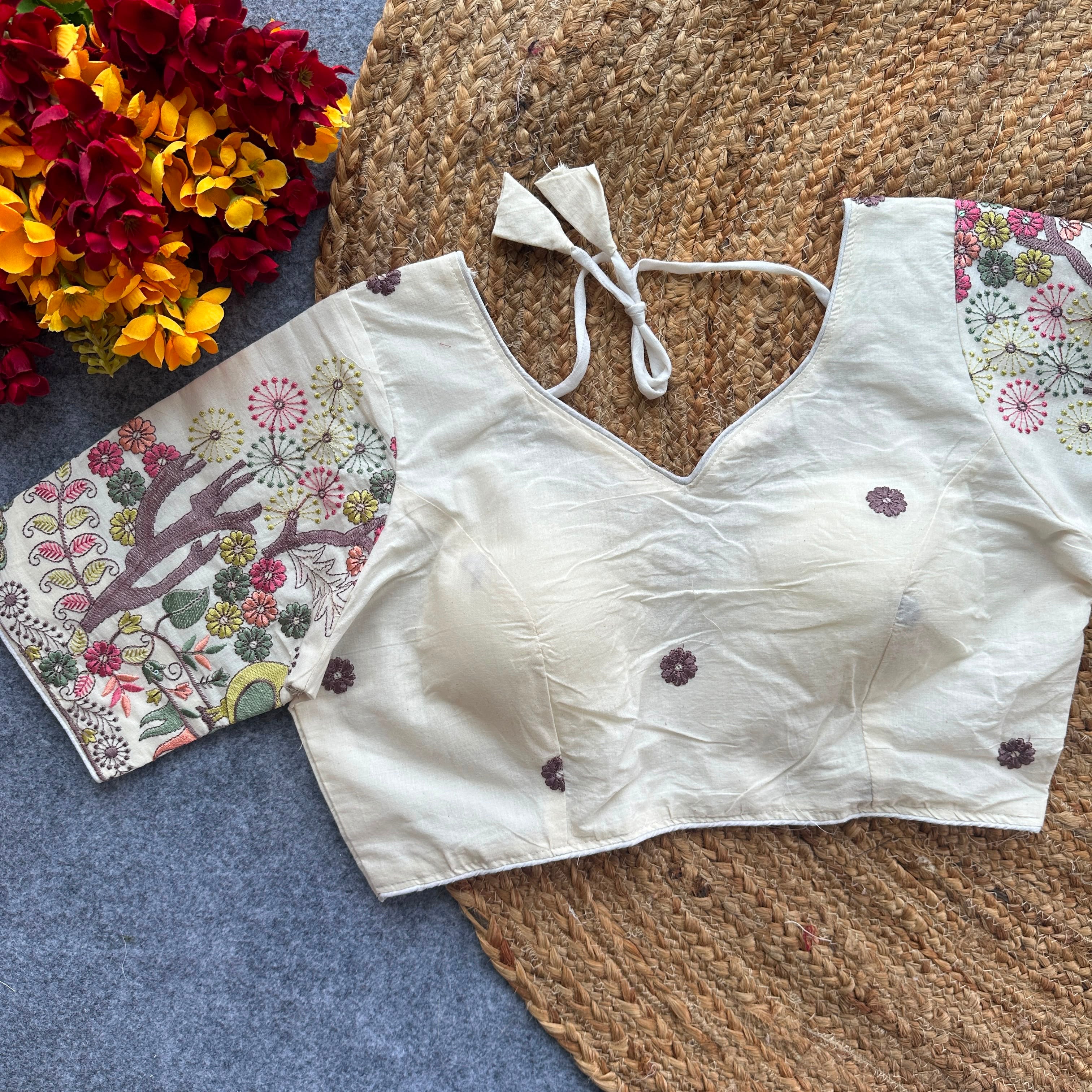 Pure Khadi Cotton Embroidered Partywear Blouse – Heavy Padded | Back Open | 38–42