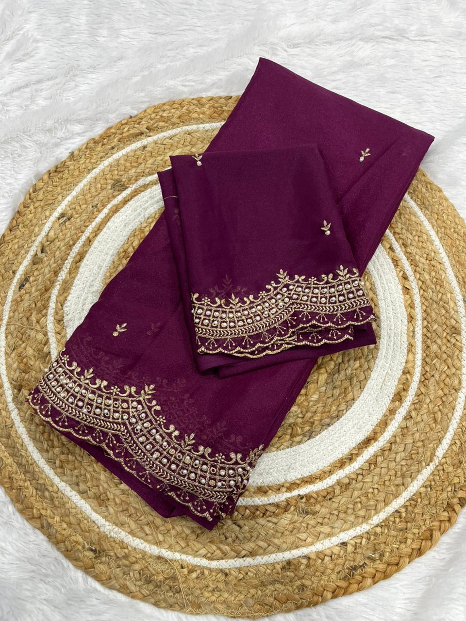 Premium Star Georgette Embroidery Zari & Moti Work Saree for Women | Party Wear Designer Saree with Matching Blouse