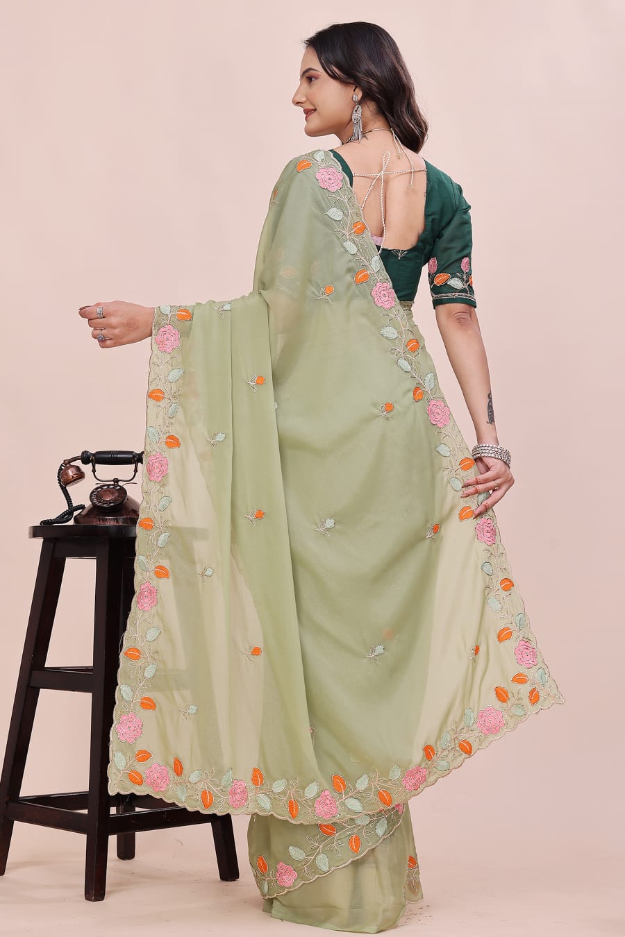 Rose Petal Embroidered Star Georgette Saree with Beads Work Border