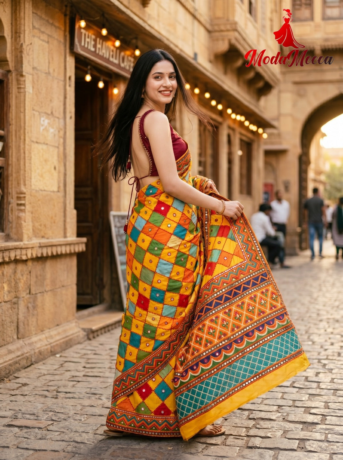 Women's Chamkila Crepe Silk Saree with Rajgharana Digital Print & Mirror Work | Festive Party Wear Saree