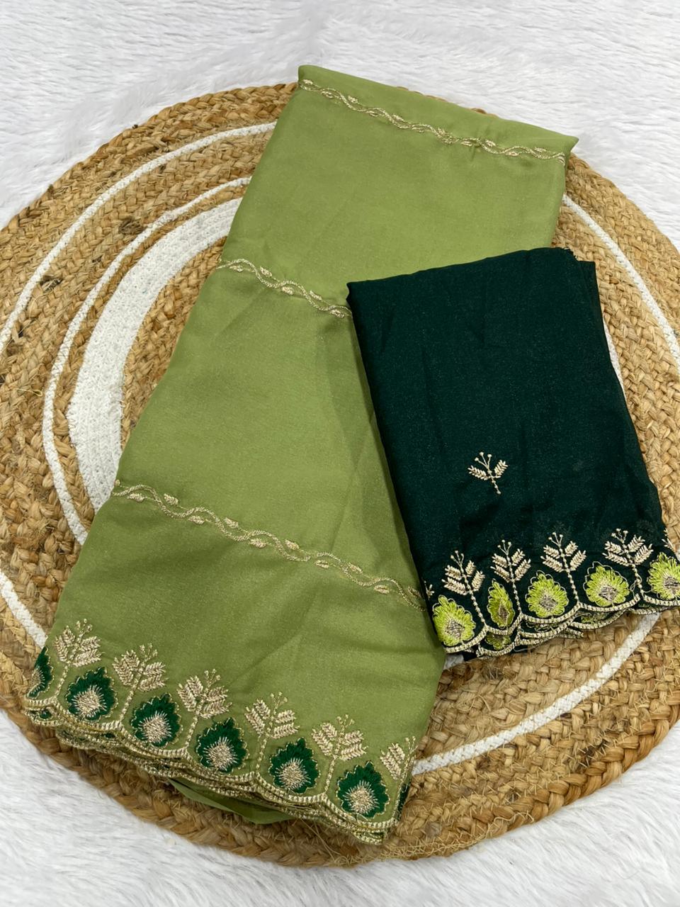 Jhanvi Collection – Premium Star Georgette Saree with Embroidered Border & Contrast Blouse