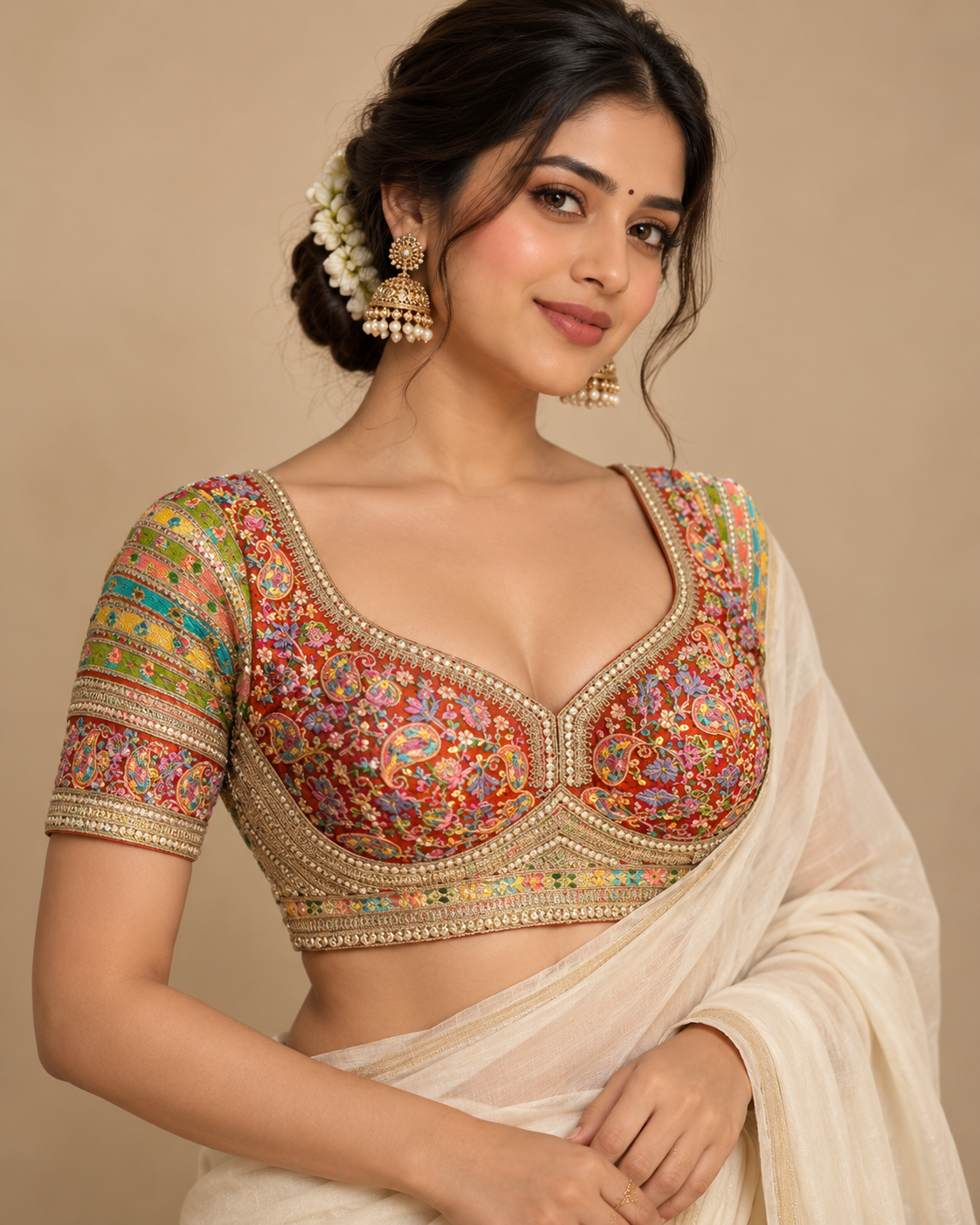 Premium Kashmiri-Inspired Antique Thread Work Blouse – Fox Georgette | Heavy Padded | 38–40