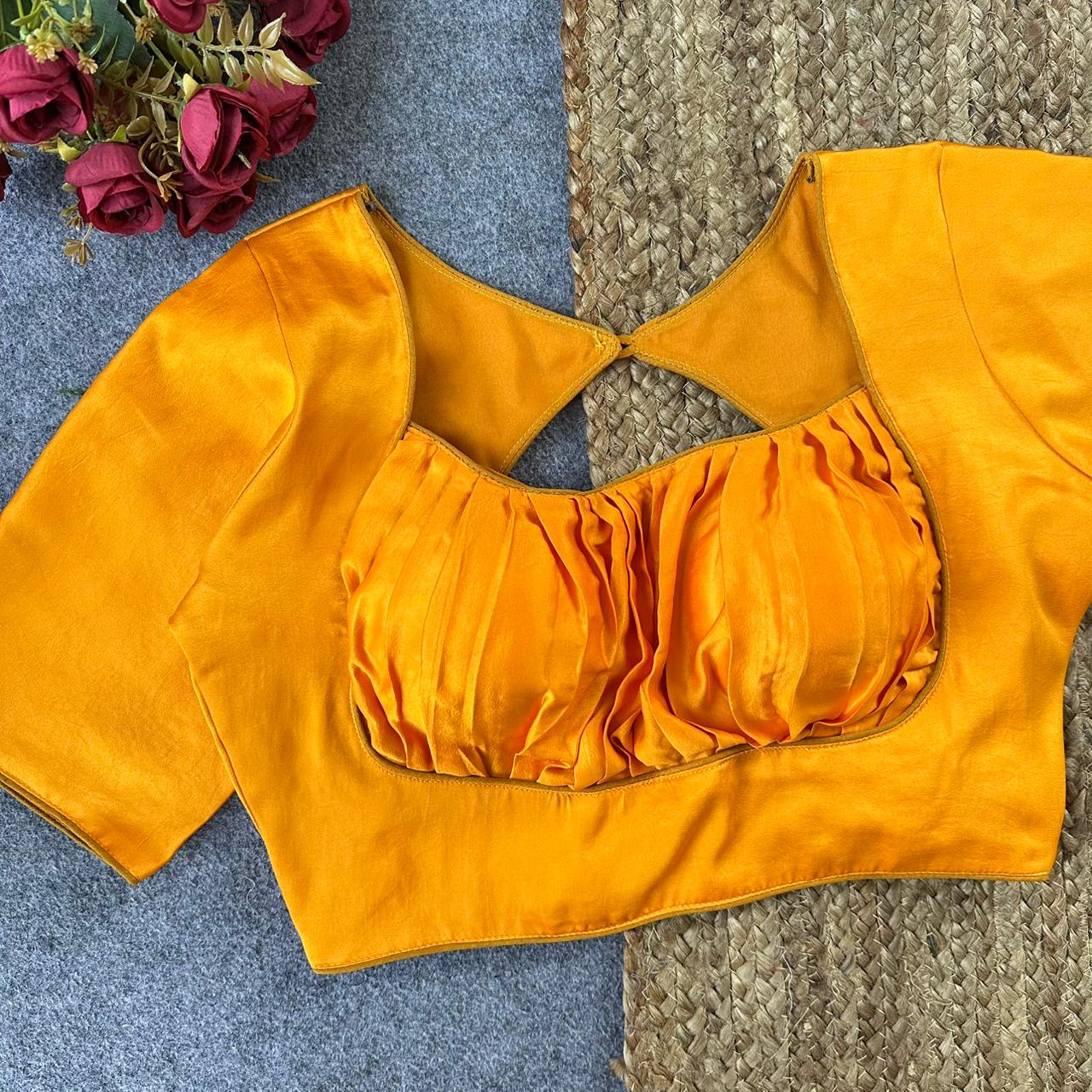 Pure Malai Satin Gathered Designer Blouse – Padded with Elastic Back | Free Size 38–42
