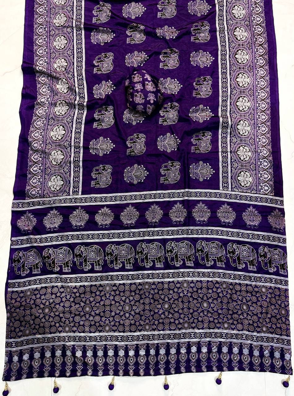 Premium Crepe Silk Designer Saree with Traditional Elephant & Floral Print