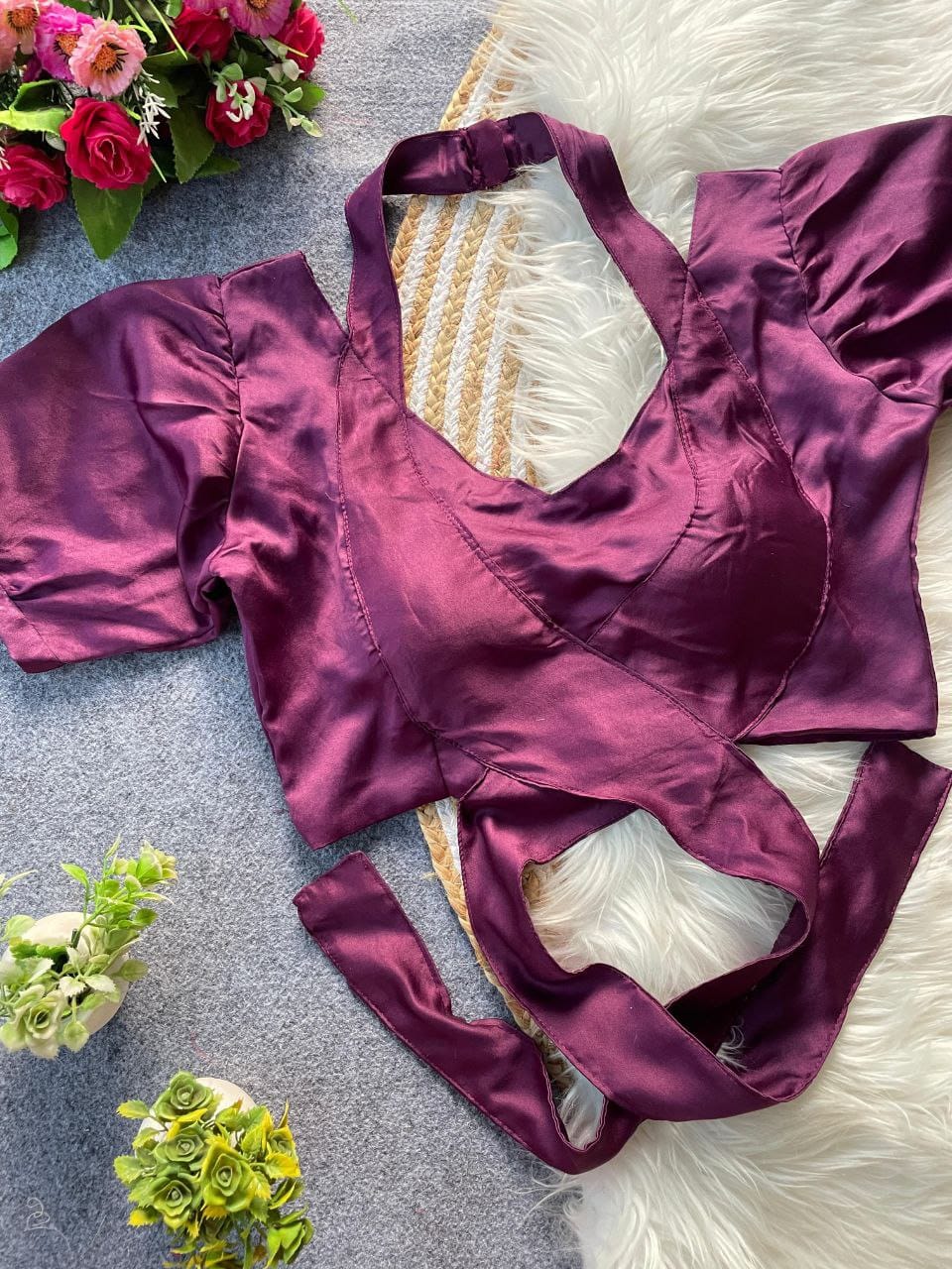 Pure Malai Satin Balloon Sleeve Designer Blouse – Padded with Tie-Up Back | Free Size 38–42