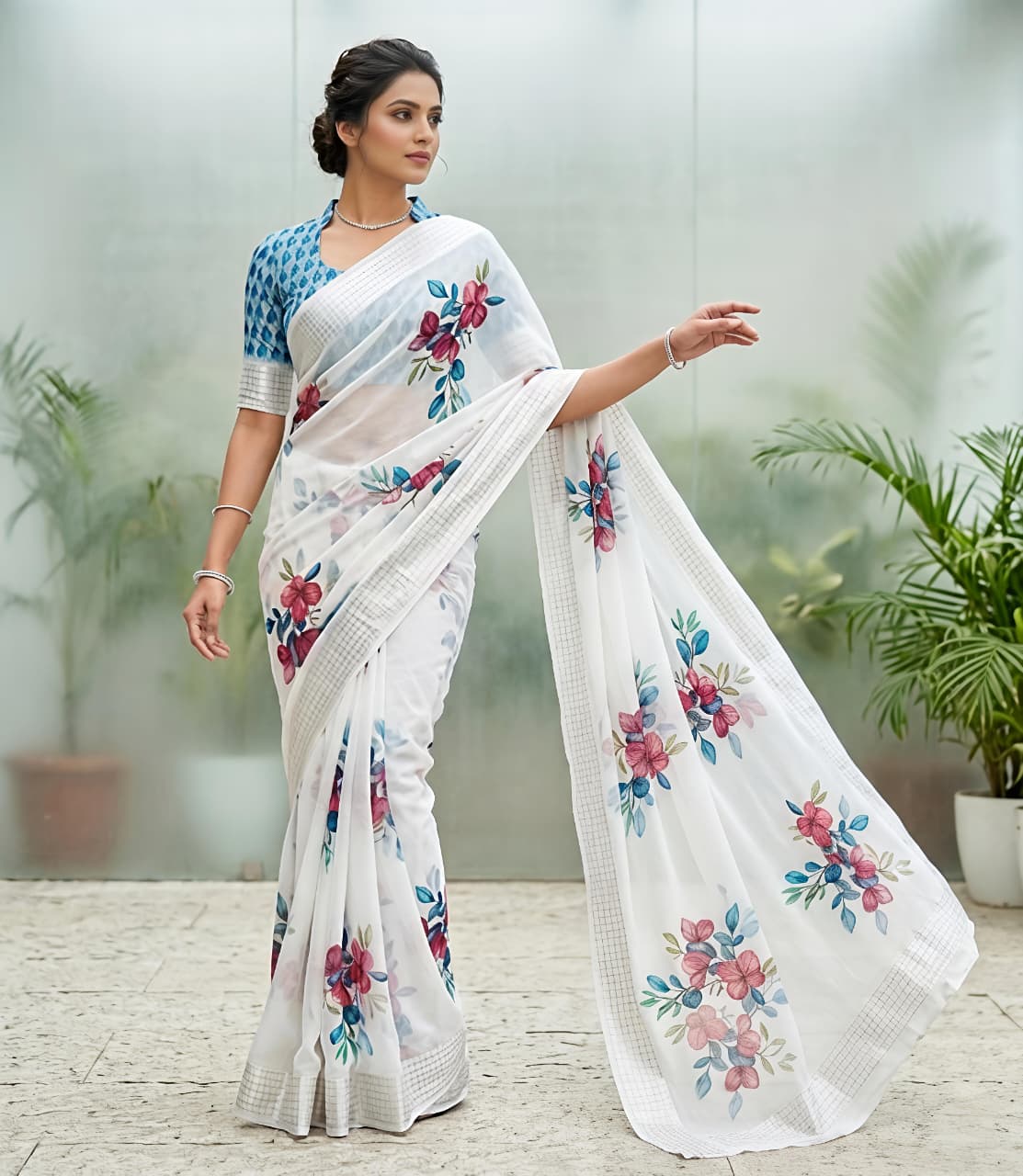 White House Premium Georgette Chiffon Floral Digital Print Saree with Weaving Border & Printed Blouse