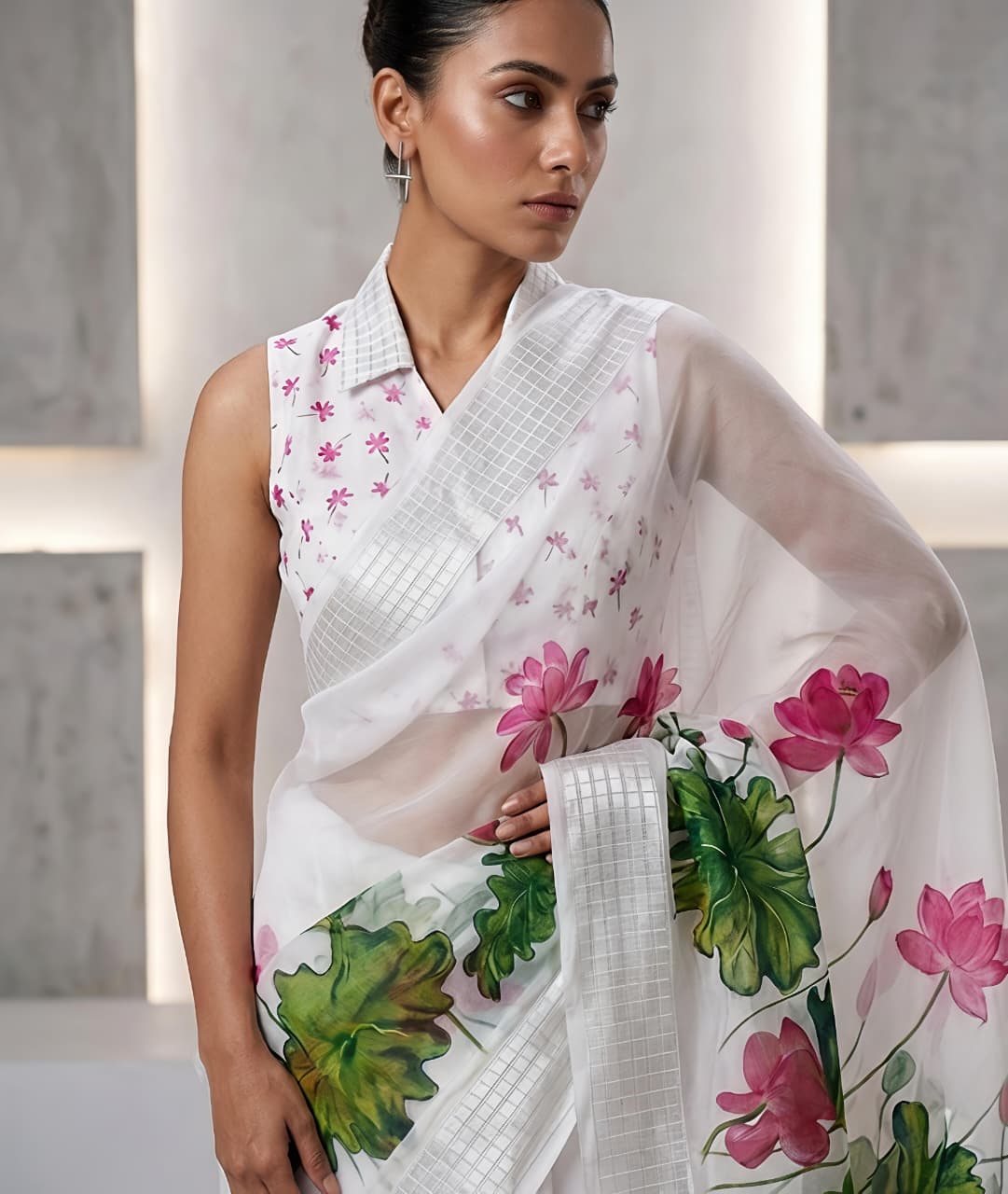 White House Premium Georgette Chiffon Floral Digital Print Saree with Weaving Border & Printed Blouse