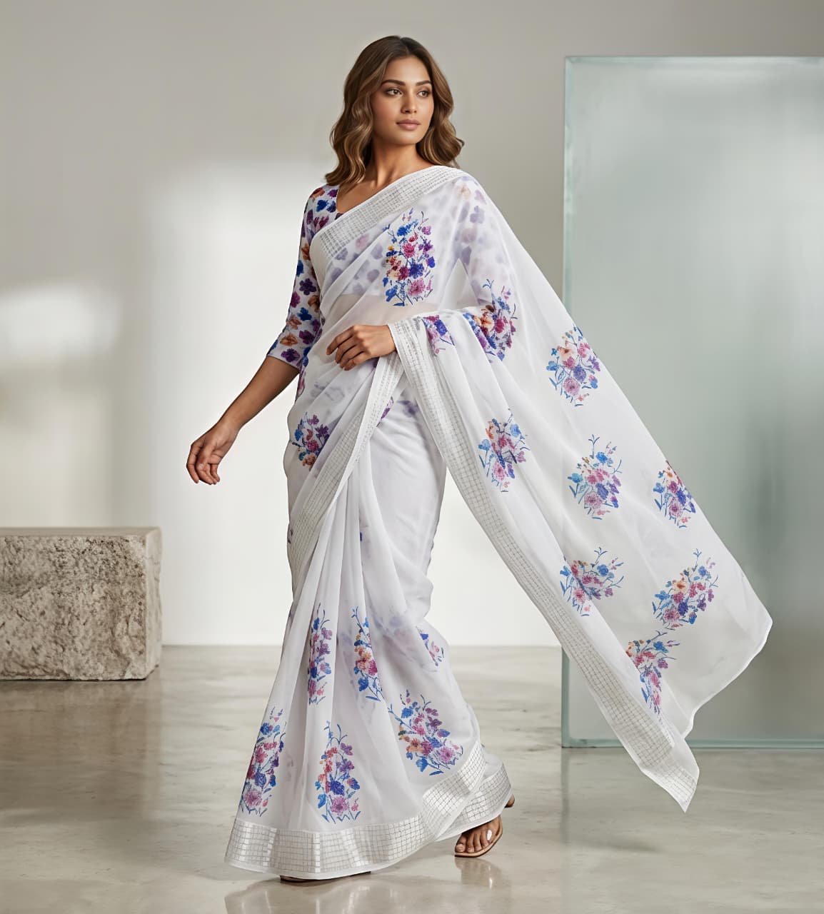 White House Premium Georgette Chiffon Floral Digital Print Saree with Weaving Border & Printed Blouse