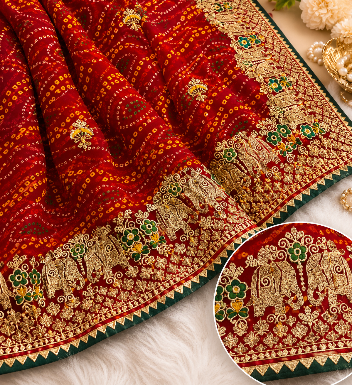 Women's Premium Bandhani Saree with Elephant & Peacock Embroidery and Banglori Green Blouse