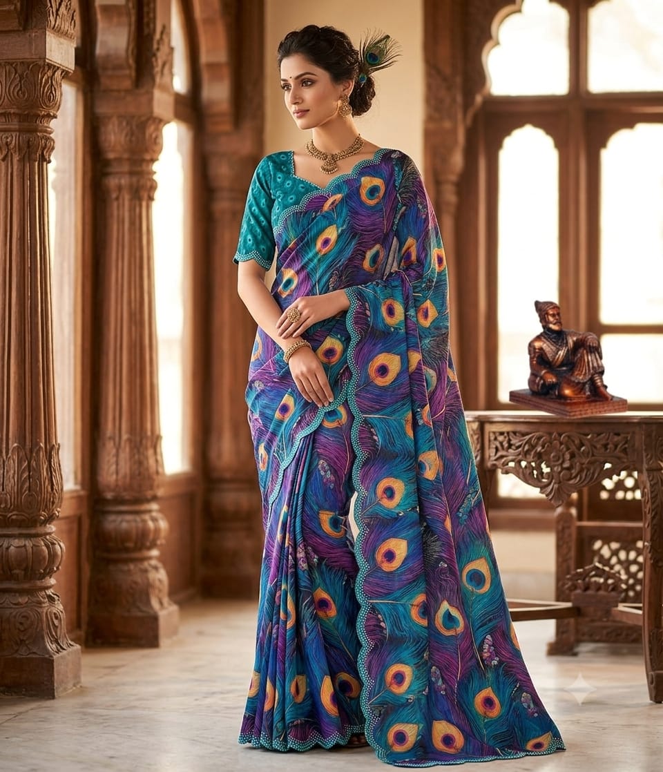 Morpankh Soft Georgette Saree with Peacock Feather Digital Print & Scalloped Stone Border