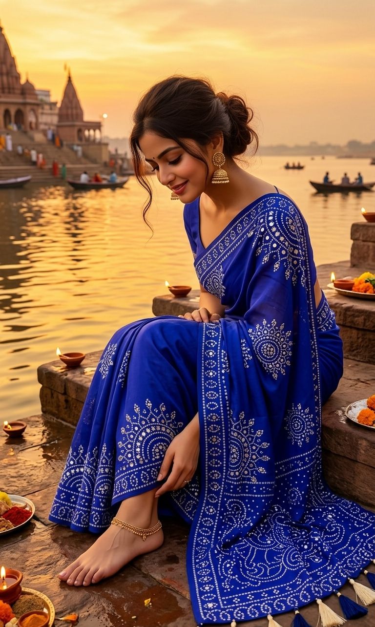 Bandhani Love Premium Moss Satin Ajrakh Saree with Zari & Mirror Work and Tassel Border