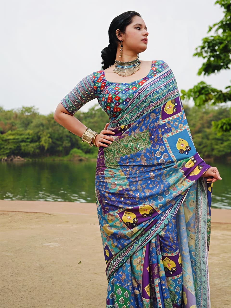 Chamkila Blue Premium Crepe Silk Saree with Rajgharana Culture Digital Print & Mirror Work | Designer Party Wear Saree