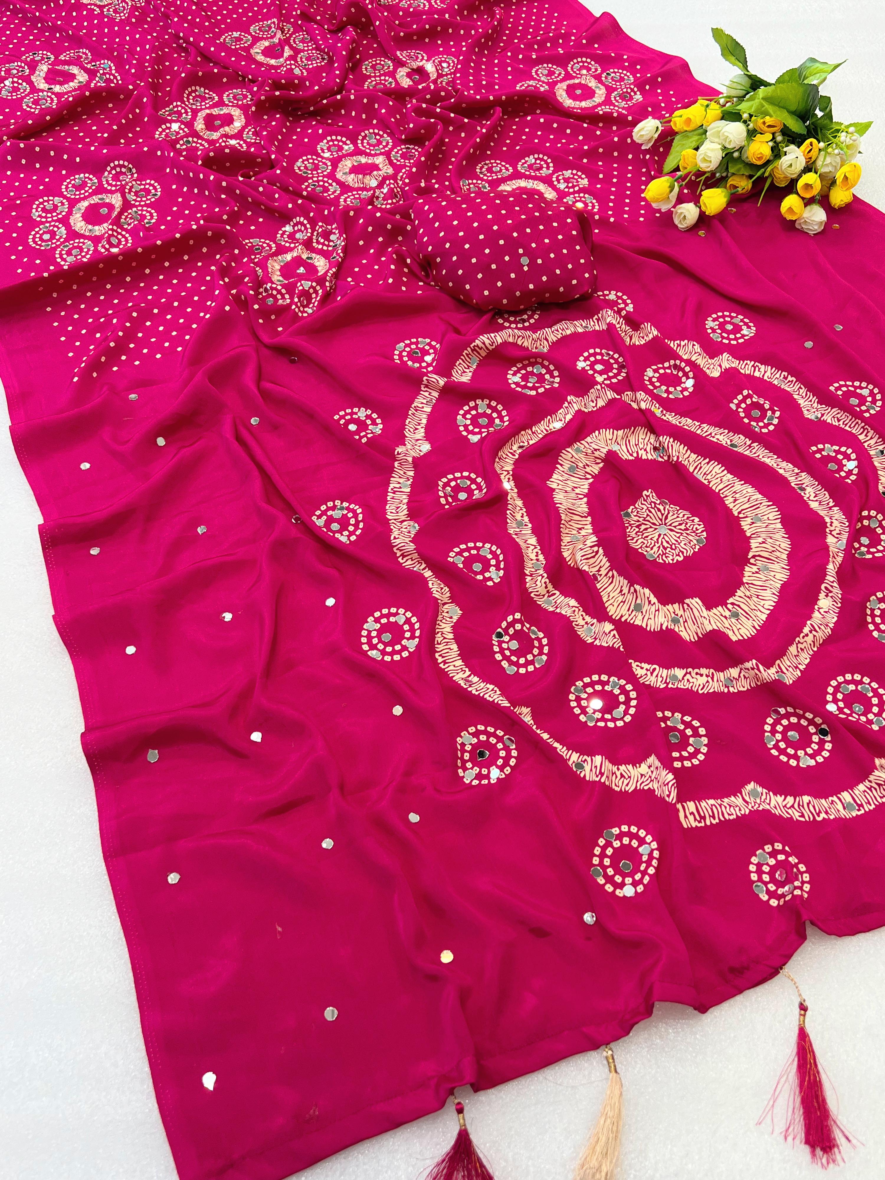 Premium Moss Satin Ajrakh Saree with 2,500 Mirror Work & Matching Blouse