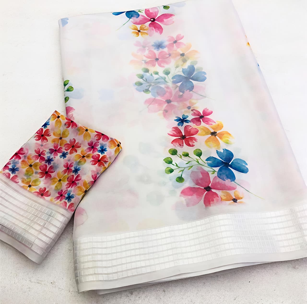 White House Premium Georgette Chiffon Floral Digital Print Saree with Weaving Border & Printed Blouse