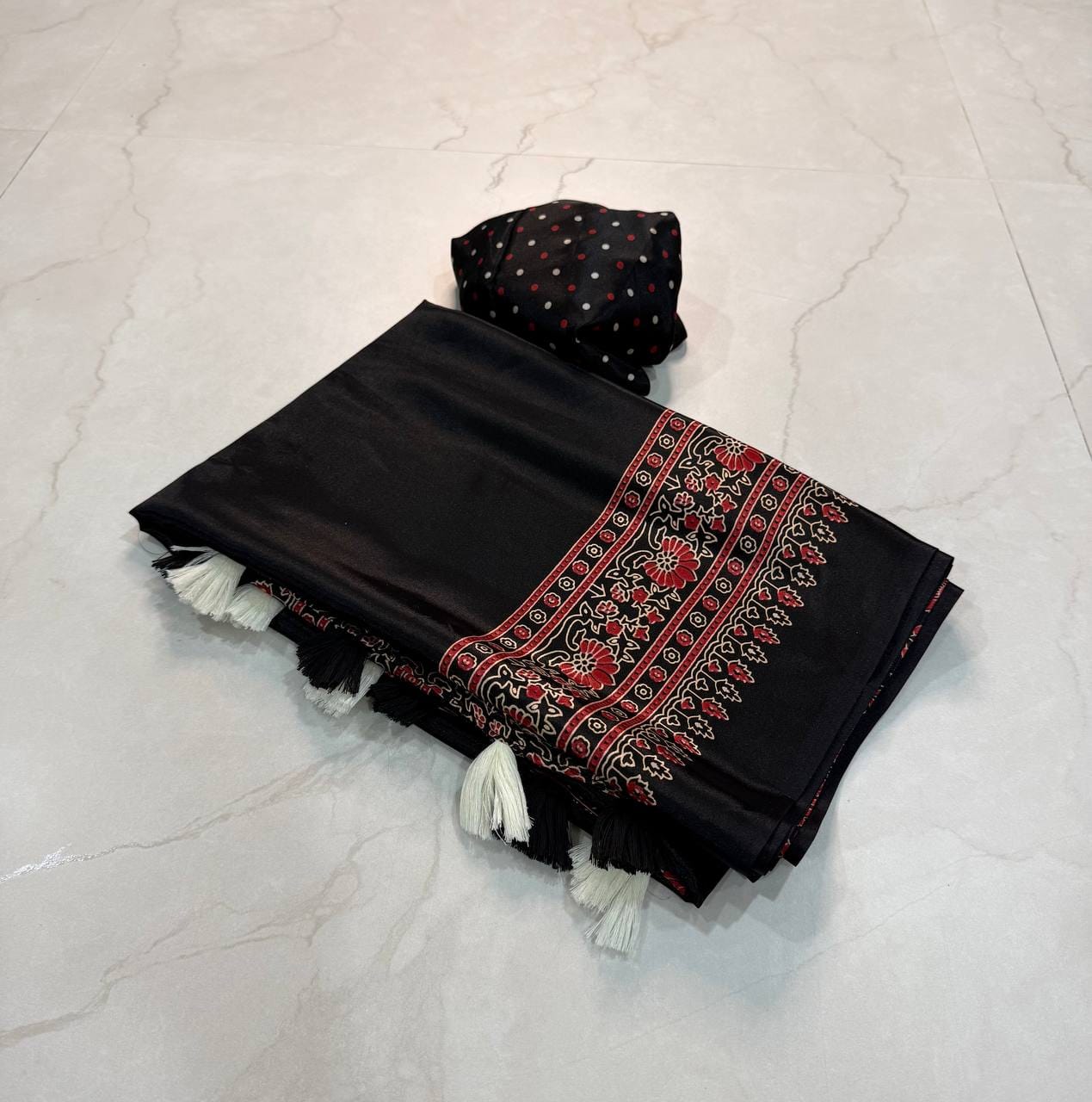 Premium Ajrakh Designer Crepe Silk Saree with Floral Border & Tassel Detailing