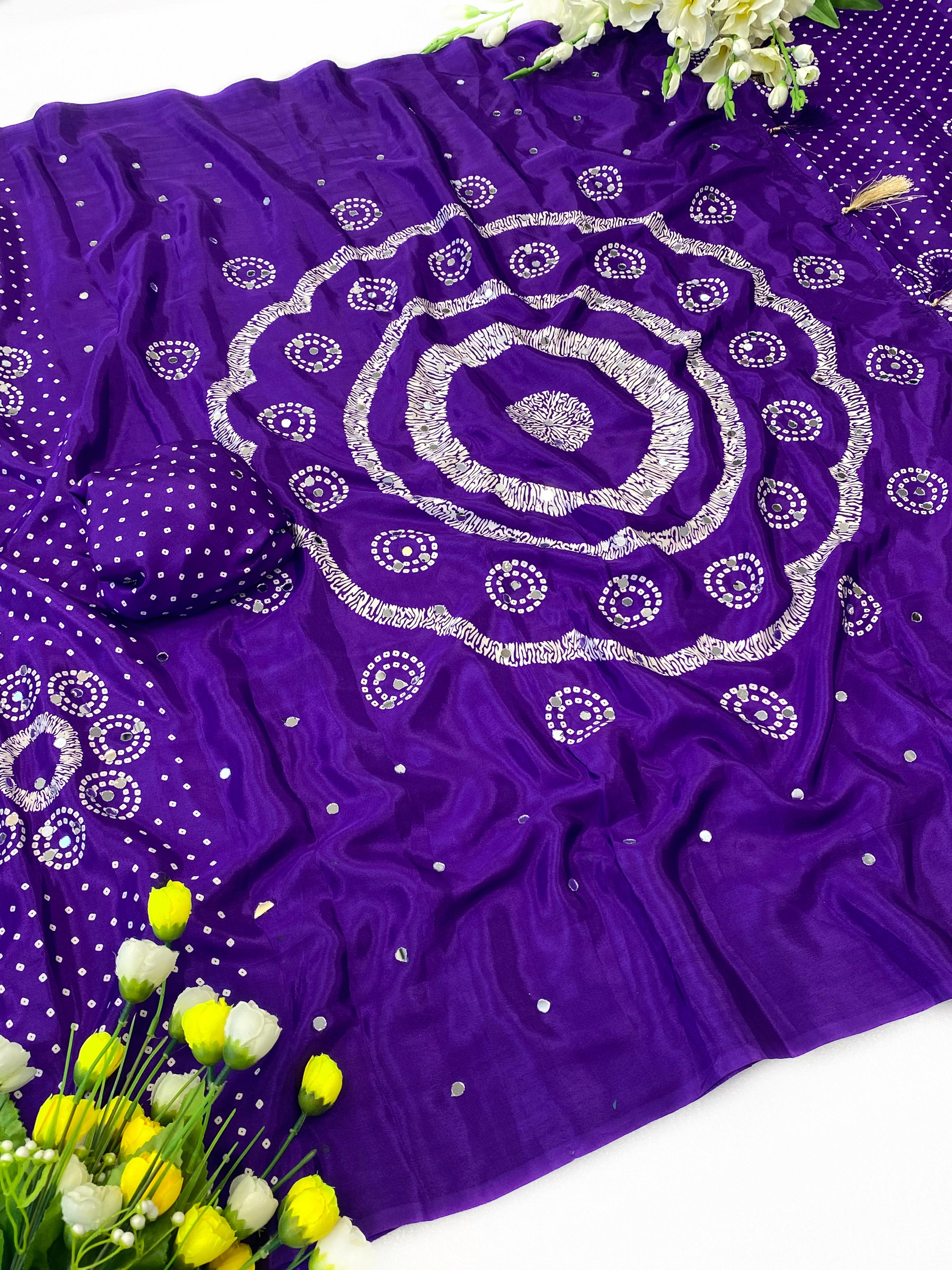 Premium Moss Satin Ajrakh Saree with 2,500 Mirror Work & Matching Blouse