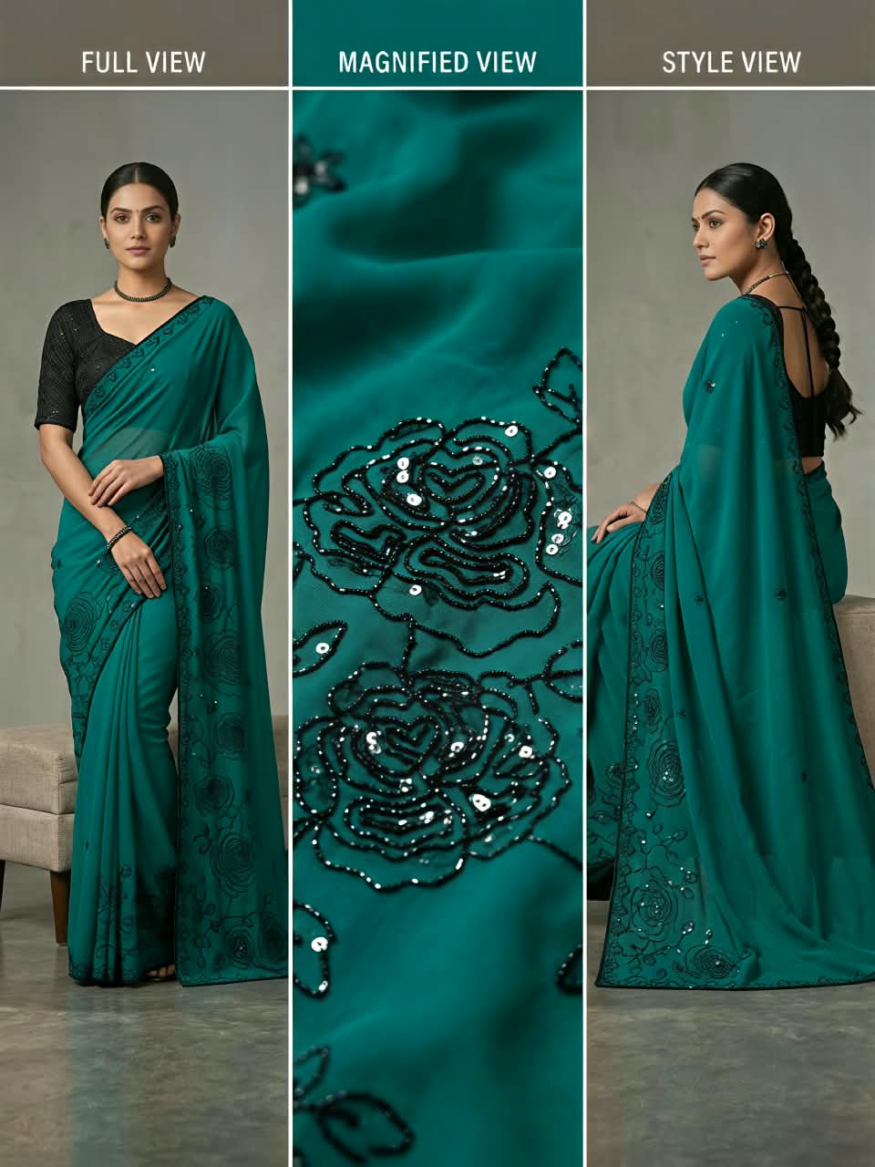 Premium Star Georgette Saree with Black Sequin & Thread Embroidery and Matching Blouse