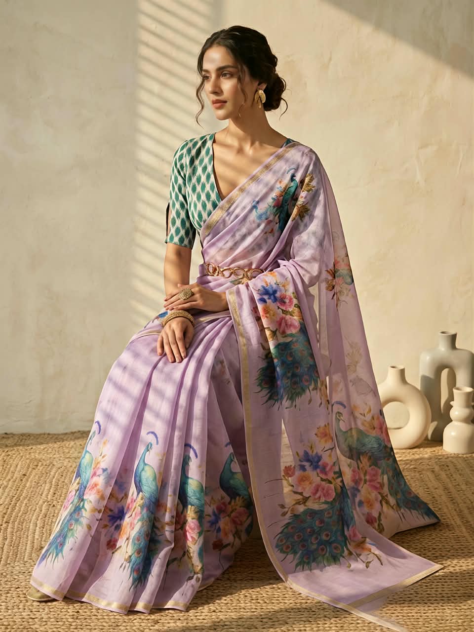 Premium Slub Cotton Saree with Peacock Digital Print, Golden Zari Border & Matching Blouse Piece