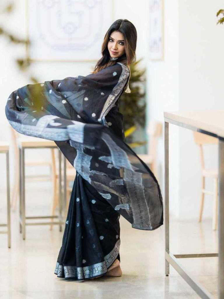 KP-R 120 Beautiful Soft Linen Black Saree with Jacquard Border
