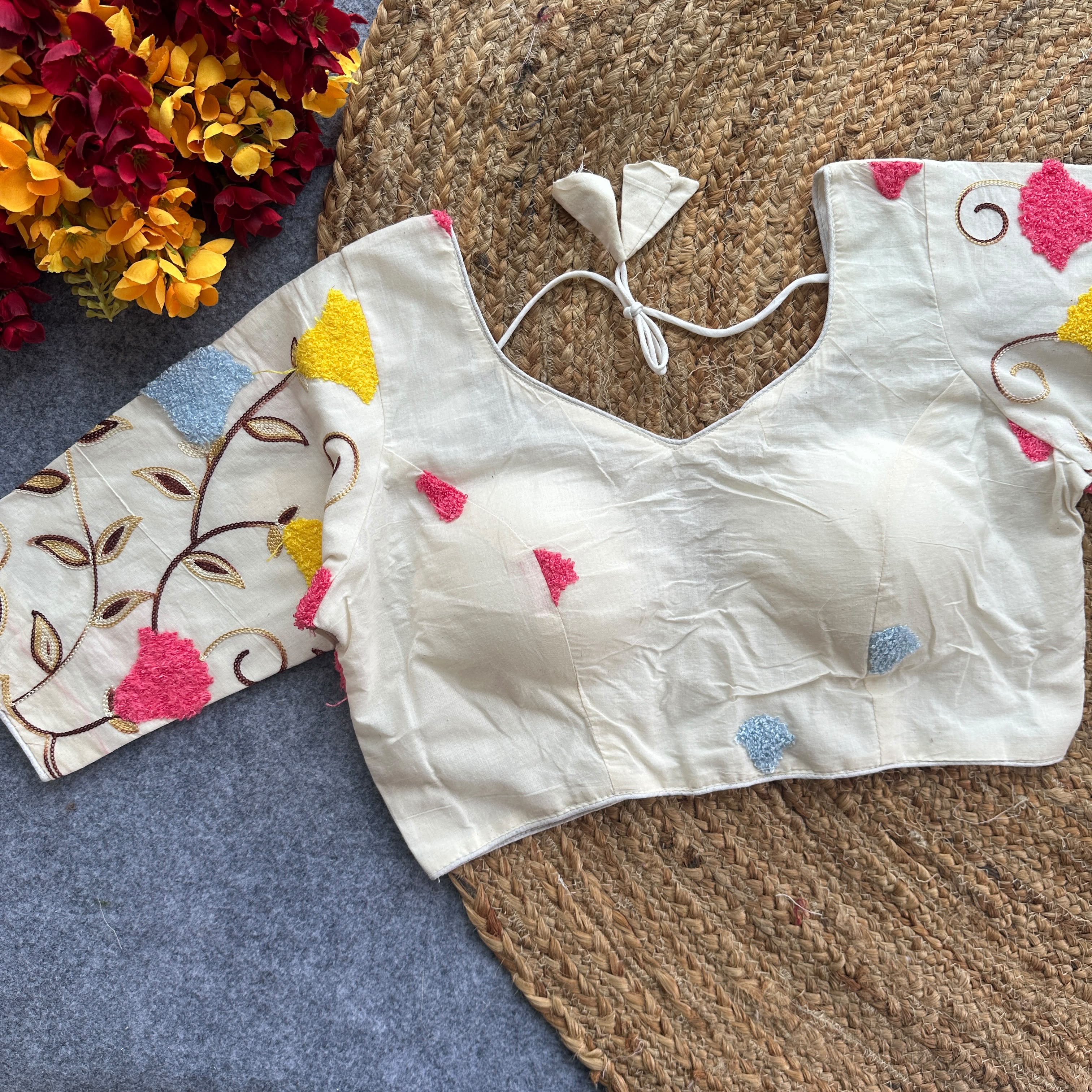 Pure Khadi Cotton Embroidered Partywear Blouse – Heavy Padded | Back Open | 38–42