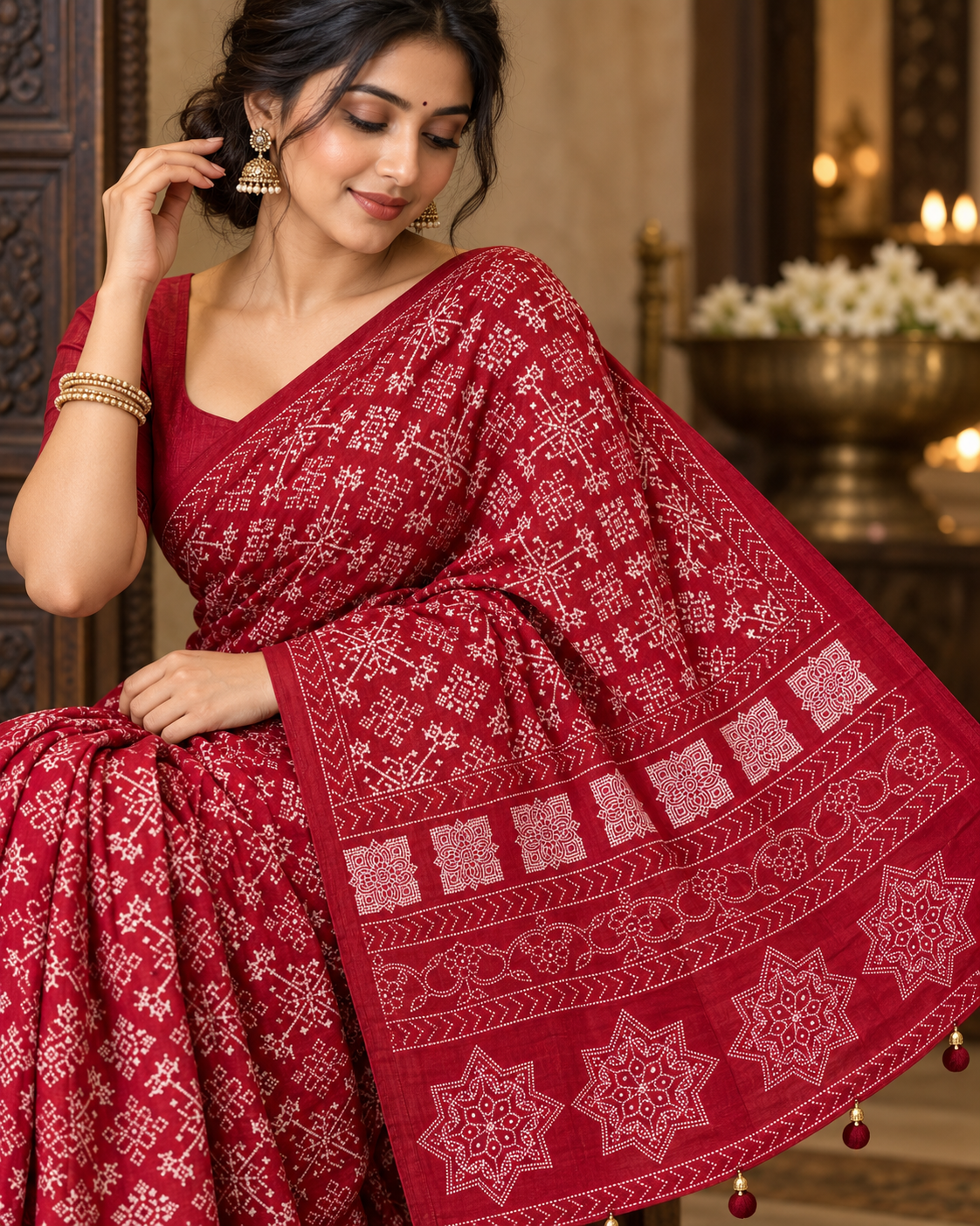 Premium Ajrakh Printed Designer Saree with Traditional Ethnic Border