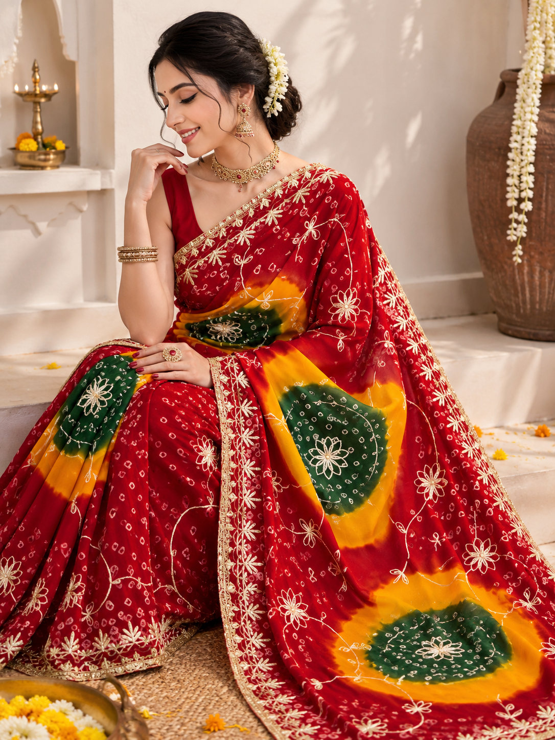 Women's Maroon Georgette Bandhej Print Saree with Gota Embroidery & Mono Silk Blouse